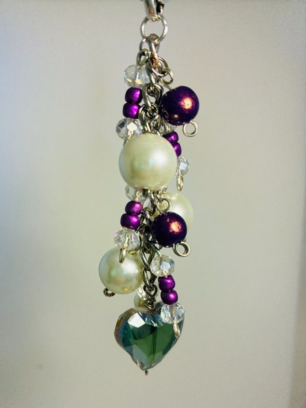 Handmade Pearl & Purple Beaded Purse Charm with Crystal Heart